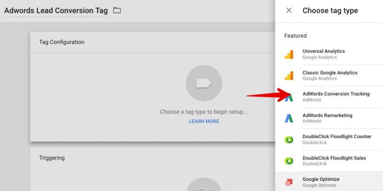 chọn thẻ chuyển đổi adwords