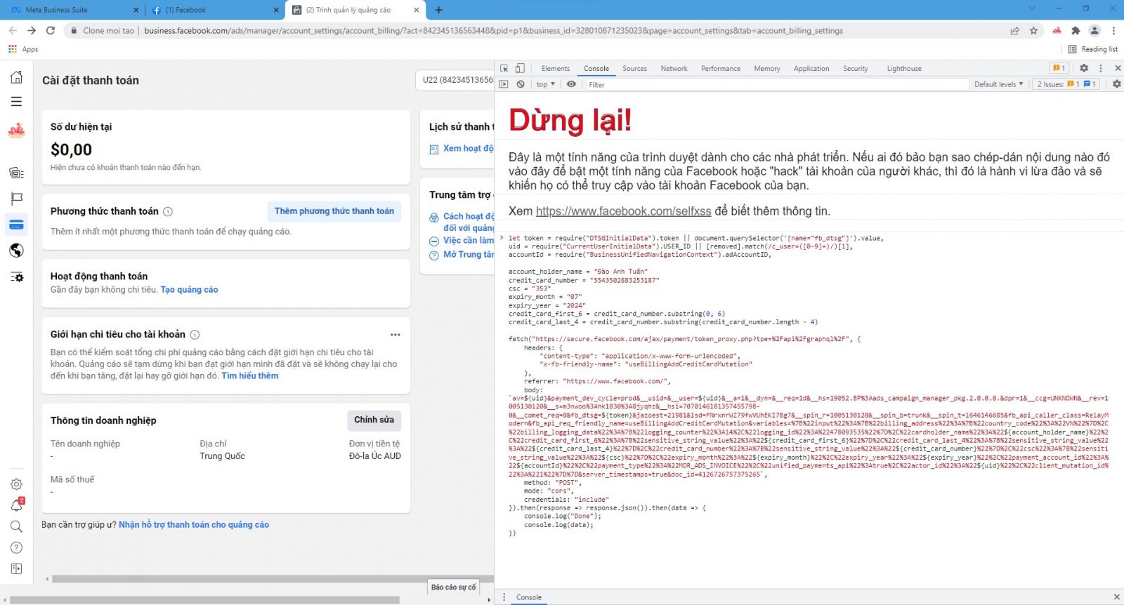 Code f12 thêm thẻ vào tài khoản quảng cáo facebook