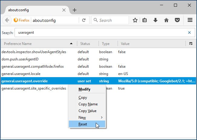 Trở lại User Agent mặc định 