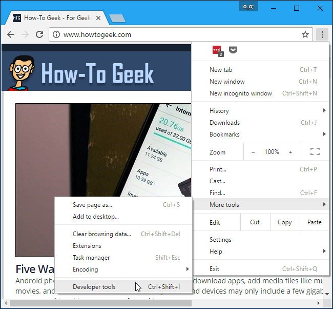 Chọn Developer Tools trong Chrome